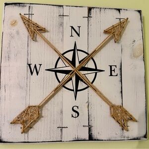 Rustic White Compass Wall Art with Jute Arrow Accents